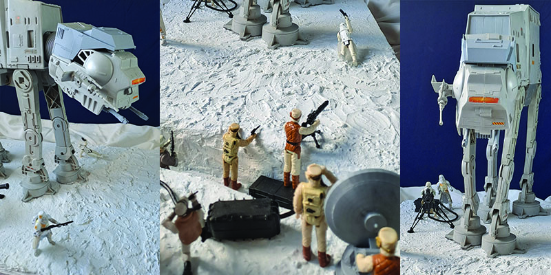 3 images of our Hoth diorama featuring an AT-AT walker, snowtroopers and rebel soldiers